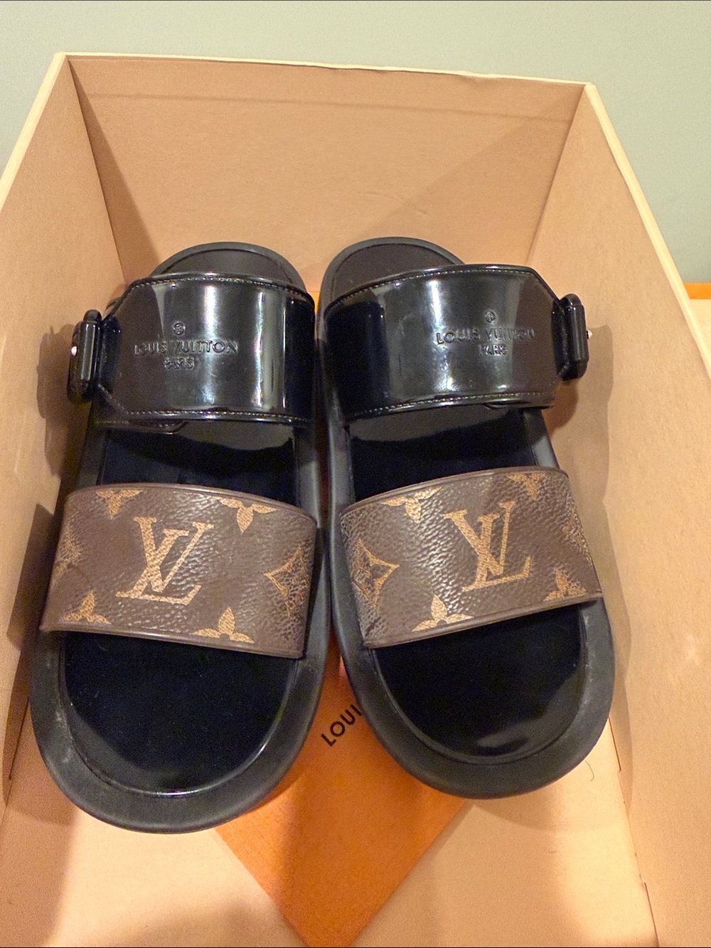 Louis Vuitton Black and Brown Monogram Double-Strap Slides - Picture 5 of 6